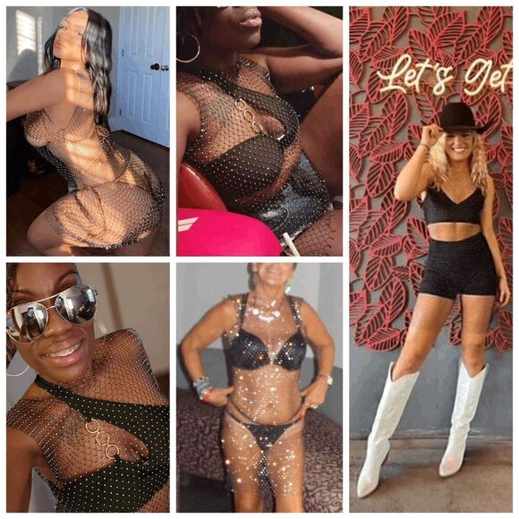 ✨ Rhinestone Crystal Diamond Fishnet Mesh Sheer Party Cover Up Dress L NWT - Picture 15 of 16